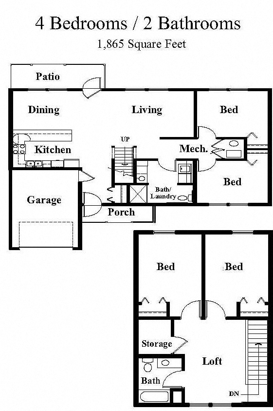 Floor plan for 4 beds, 2 baths, 1865 sqft